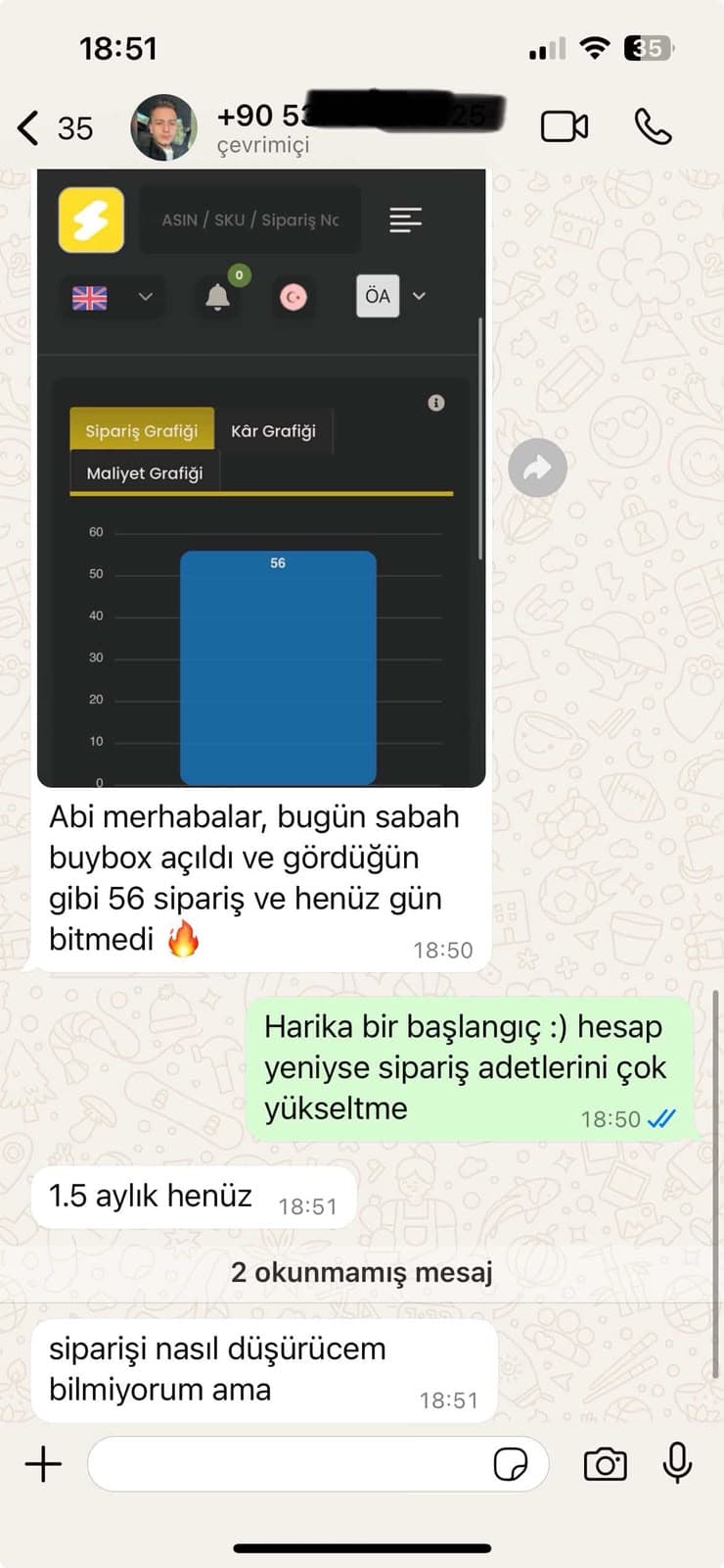 Müşteri WhatsApp mesajı: bir günde 56 sipariş