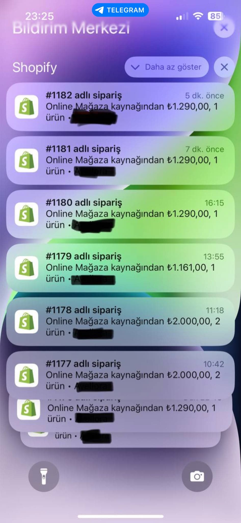 Shopify mağazasından gelen canlı sipariş bildirimleri